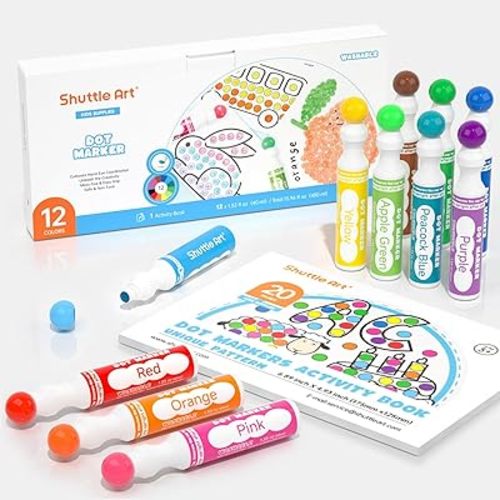 Shuttle Art Dot Makers, 12 Colors Bingo Daubers with 20 Unique Patterns of Dot Book for Toddler Art Activities, Non-Toxic Washable Coloring Markers for Preschool Kids Learning…