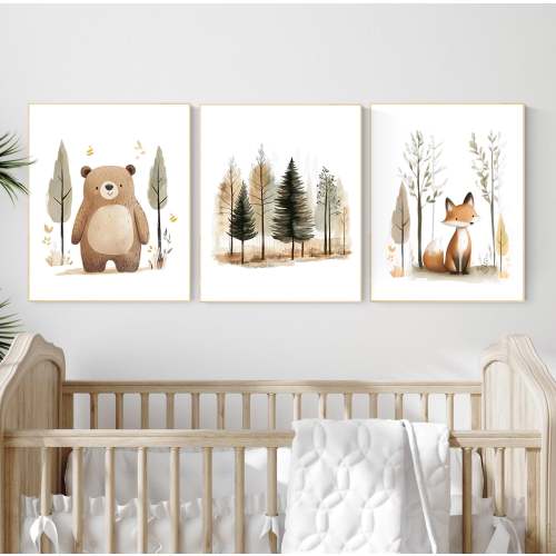 Woodland Nursery Wall Art Set – Bear Fox Forest Prints – Neutral Baby Room Decor – Watercolor Woodland Animal prints, woodland animals