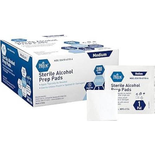 MED PRIDE Sterile Alcohol Prep Pads, Antiseptic, 70% Isopropyl, Individually Wrapped, Medical Grade 2 Ply Wipes (200 Count (Pack of 1) White)