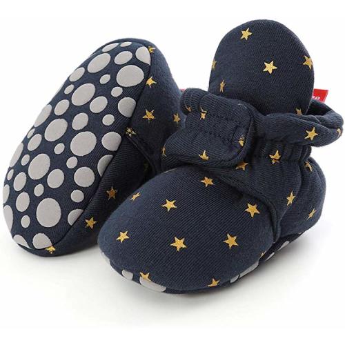 Sawimlgy Newborn Infant Baby Girl Boy Cotton Booties Stay On Sock Slippers Soft Shoes Non-Skid Ankle Boots with Grippers Toddler Crib Winter Shoe First Walker Birthday Shower Gift - 6-12 Months Infant - 03/Blue Star