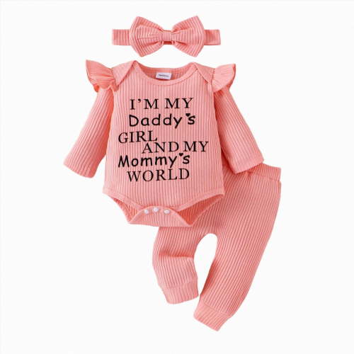 CAICJ98 Newborn Baby Girl Clothes Ruffle Long Sleeve Letter Print Romper Pants Headband Set Fall Winter Outfits