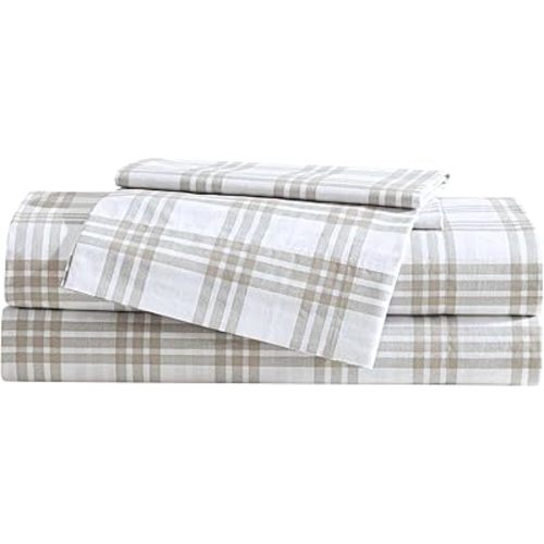 Eddie Bauer - Queen Sheet Set, Cotton Percale Bedding Set, Super Soft and Bedding Set, Oeko-Tex Certified (Basic Plaid Beige, Queen)