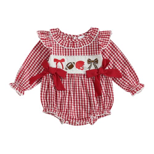 FYBITBO Baby Girl Football Outfit Smocked Game Day Bubble Romper My First Football Season Onesie Fall Baby Girl Clothes