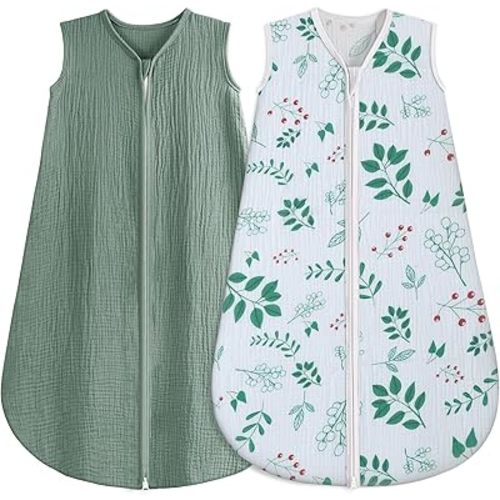 BSTOPPT 2 Pack Baby Sleep Sack 12-18 Months 100% Organic Cotton Muslin Baby Sleeping Bag 2-Way Zipper Wearable Blankets TOG 0.3 (Green & Leafy Cherry, Large)