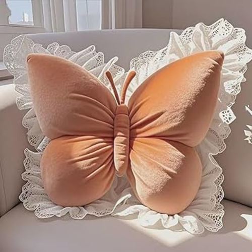 Butterfly Throw Pillow, Butterfly Shaped Decorative Pillow for Sofa Couch Bed, Plush Velvet Lumbar Support Cushion for Office Chair & Car Seat (Orange)
