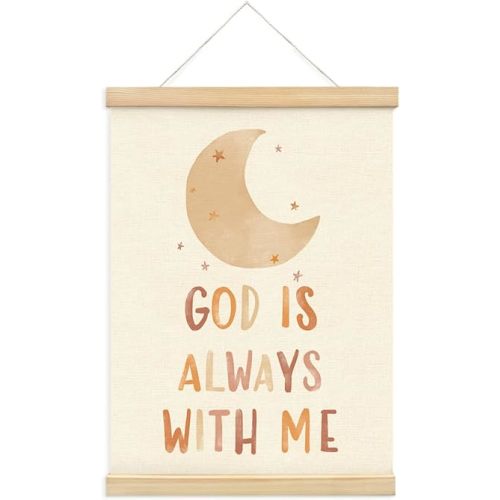 PLKMN Christian Nursery Wall Decor, God is Always with Me Wall Art with Wooden Poster Hanger, Boho Moon Christian Wall Decor for Nursery Kids Room Sunday School Preschool Classroom, 12x16 Inch