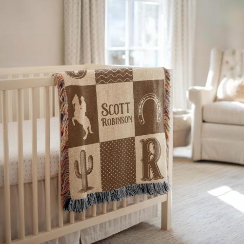 Western Baby Blanket for Nursery Decor Personalized Baby Blanket Cowboy Baby Name Blanket Baby Boy Blanket Custom Baby Blanket Woven Throw