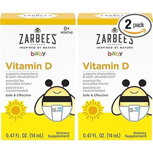 Zarbee's Vitamin D Drops for Infants,400IU (10mcg) Baby & Toddler Liquid Supplement,Newborn & Up,Dropper Syringe Included,0.47 Fl Oz,(Pack of 2)