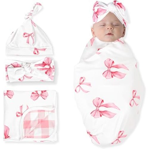 Pea Pod 4 Pack Newborn Swaddle Blankets for Girls, Baby Receiving Blanket with Headband & Beanie, Soft & Stretchy Newborn Swaddle Set, 30" x 30", Pink Bows