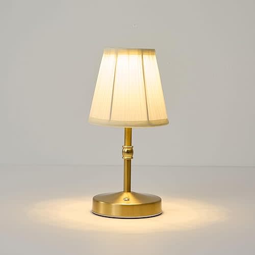5w Led Cordless Mini Lamps,3000 mah Battery Operated Lamp,3 Color Temperature Dimmable Table Lamp,Gold Rechargeable Table Lamp Fabric,Aesthetic Small kitchen Lamp for Counter,Restaurant,Bar,H9.8"