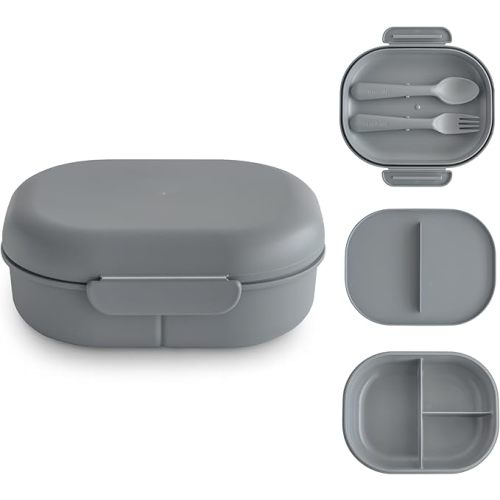 mushie Kids Bento Lunch Box | 3-Compartment & Removable Divider + Fork & Spoon Utensils | Great For Meals, School, Snacks On-the-Go | Dishwasher Safe (Smoke)