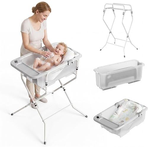 Collapsible Baby Bathtub with Stand - Clear Big Baby Bath Tub with Thermometer | Parents Spine Save Infant Baby Tub Foldable Newborn Toddler Bathtub for Baby Girl Boy 0 to 36 Months, Grey