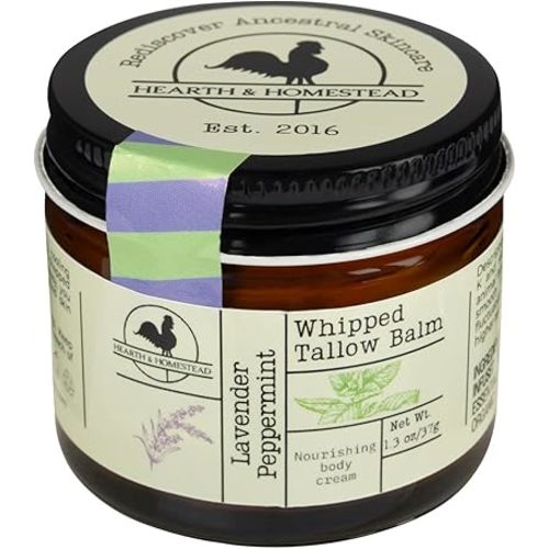 Hearth and Homestead: Handmade Whipped Tallow Balm (Lavender Peppermint): Organic Body Butter with Infused Olive Oil- 1.3 oz