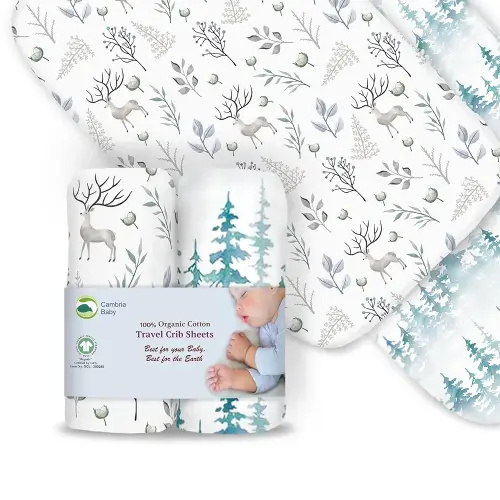 100% Organic Cotton Fitted Travel Crib/Playard Sheets for Guava Lotus, BabyBjorn, Dream on Me, Baby Joy and All Other 24" x 42" Pads/mattresses. Safety Strap Holes in Each Corner. 2 Pk, Deer & Forest