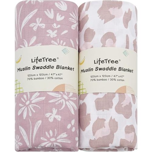 LifeTree Swaddle Blankets Baby Girl, 2-Pack Super Soft 70% Viscose Bamboo and 30% Cotton Muslin Swaddles Blankets (Large 47" x 47"), Mauve Floral & Blush Leopard Pattern, Newborn Baby Registry