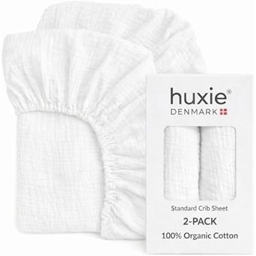Crib Sheets – Organic Cotton Muslin Fitted Crib Sheet – Standard Size for Baby Boy and Baby Girl 28" x 52" Ultra Breathable. 2-Pack(Soft White)