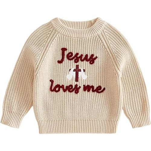 KMBANGI Newborn Toddler Baby Christian Outfit Jesus Loves Me Sweater Cross Long Sleeve Cable Knitted Sweatshirt Baptism 0-4T