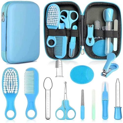 Baby Grooming Kit - 12 in 1 Nursery Essentials Baby Registry Shower Gift for Newborns, Infants, Toddlers, Boys, Girls Kids-Safety Baby Comb, Brush, Finger Toothbrush, Nail Clippers, Scissors(Blue)
