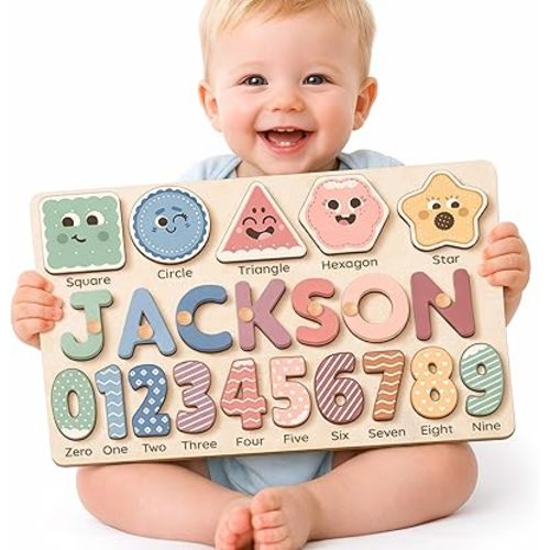 Personalized Name Puzzle for Toddlers 1-3, Custom Wooden Name Puzzle with Numbers and Shapes, 18 Art Sets, More Than Any Other, Baby Name Puzzle, Personalized Baby Gifts