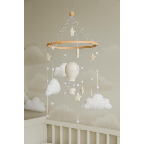 Hot air balloon Boucle clouds nursery baby mobile, Neutral nursery mobile, Clouds baby crib mobile, Clouds mobile, Minimalist nursery mobile