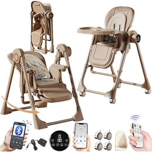 Magic ZC Electric Bluetooth Smart PU Leather High Chair with Swinging Function, Baby High Chairs, Baby Feeding Chairs Seat for Babies and Toddlers, Removable Wheels, Double Tray (E8121 Khaki)