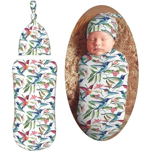 Spring Hummingbirds Newborn Swaddle Blankets Hat Sets Soft Baby Receiving Blanket Swaddle Sack for Baby Shower Infant Boy Girl Gift