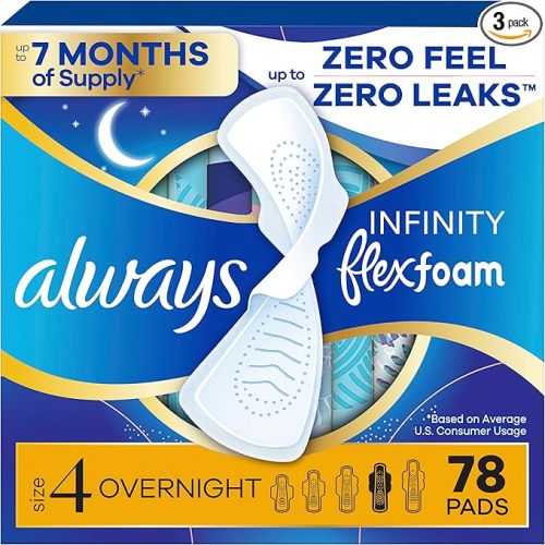 Always Infinity Feminine Pads for Women, Flexfoam Pads with Wings, Size 4, Overnight Absorbency, Unscented, 78 Count (3 Packs of 26)