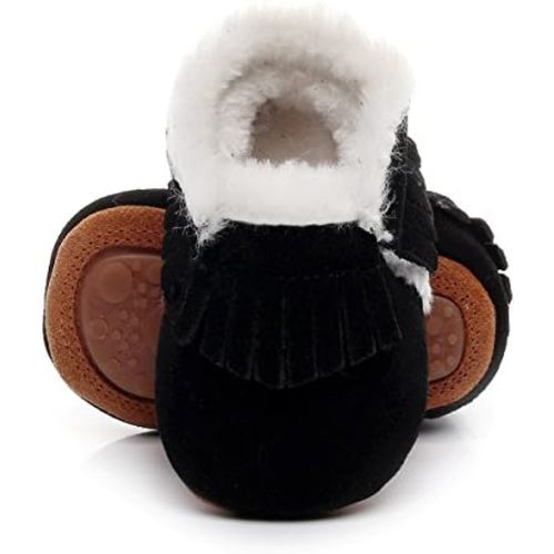 HONGTEYA Baby Moccasins with Fur Fleece Rubber Soles Warm Snow Boots Leather Baby Shoes for Boys Girls…