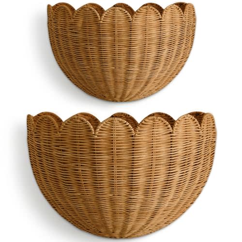 BEBE BASK The Original Scalloped Wicker Wall Basket – Set of 2 (16x10x7 In) | Handwoven Scalloped Wall Baskets, Rattan Wall Hanging Baskets, Wall Storage Basket for Nursery, Living Room, Mocca