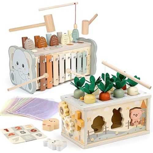 Joyreal 2PCS Montessori Toy Set - Wooden Hammering Pounding Toys and Farm Theme Tissue Box Toys for Baby