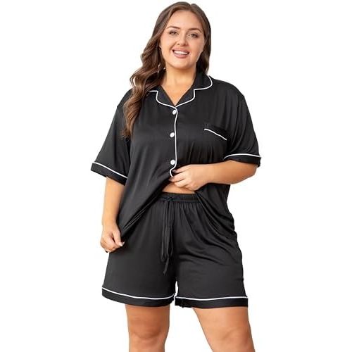 Vozanet Women's Plus Size Button Down Pajamas Soft Lounge Sets Shorts with Pockets Bride Nighty Solid Soft Pjs 1x to 5x