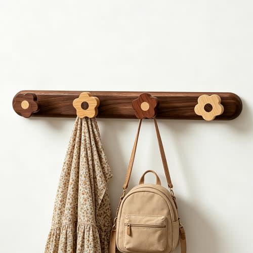 Kids Coat Rack Wall Mount - Wood Cute Flower Coat Hooks for Hanging Clothes,Purse,Robe,Towels,Backpack,Modern Decorative Walnut Wall hooks Heavy Duty Hanger for Girls Nursery,Bathroom,Entryway&Bedroom
