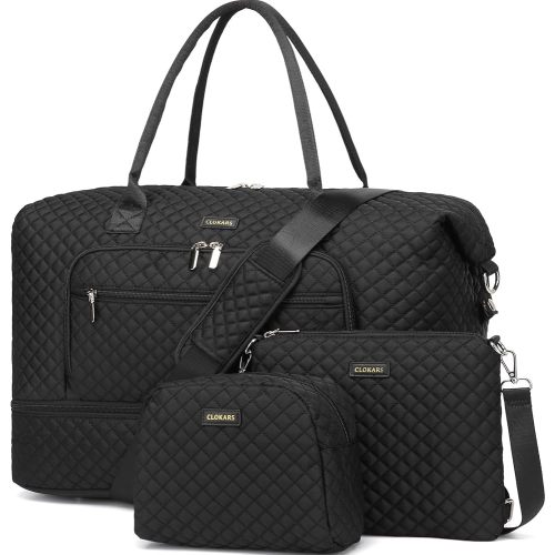 Travel Bag Set for Women, Large Carry on Duffle Bags Weekender Overnight Tote Bag with Shoe Compartment for Airplanes Gym Hospital, Gifts for Women, Black