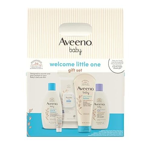 Aveeno Baby Welcome Little One Gift Set, Baby Essentials Set with Daily Moisture Wash and Shampoo, Calming Comfort Bath, Sensitive All Over Wipes, Body Lotion, & Healthy Start Balm, 5 Items