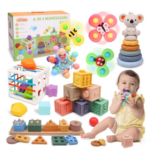YHHYTOY 6-in-1 Montessori Baby Toys 0-6 6-12 Months, Infant Toys Baby Gifts | 4 5 6 Month Old Baby Toys, Soft Stacking Blocks Rings Shape Sorter Sensory Baby Suction Spinners, Baby Gifts for Girls Boys