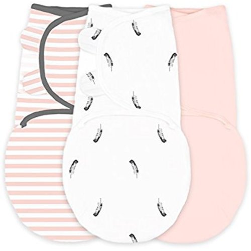 Amazing Baby Swaddle Blanket with Adjustable Wrap, Set of 3, Little Feather, Stripes and Solid, Pink, Small