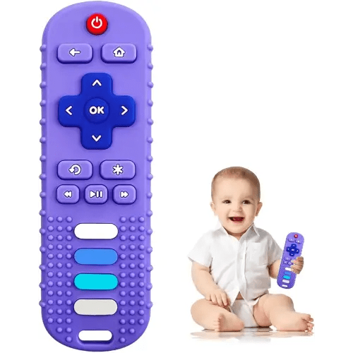 Baby Teething Toys, Soft Silicone Teethers for Babies 3 6 12 18 Months, TV Remote Control Shape Infant Chew Toys for Boys and Girls, Baby Teething Relief, BPA Free (RC-Purple)