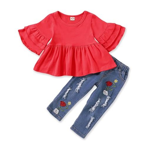NZRVAWS Baby Girl Clothes Toddler Girl Outfits Infant Ruffle Shirt Denim Ripped Jeans Cute Clothing Set
