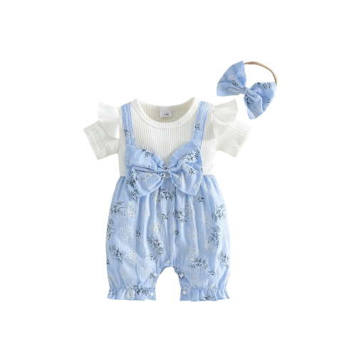 Loicainy Baby Toddler Girl Fake-two Romper 3 6 9 12 18 Months Floral Short Sleeve Jumpsuit and Bow Headband 2 Piece Set