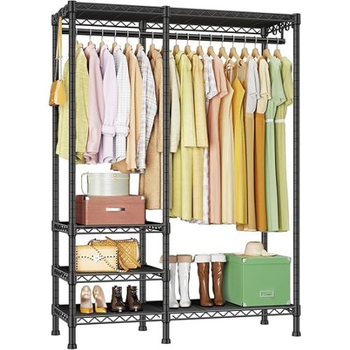F4 Heavy Duty Clothes Rack (With Hanger Rod) Freestanding Clothing Racks for Hanging Clothes，Adjustable Closet Organizer System, Portable Garment Rack 45"W x 15.8"D x 71.3"H,Max Load 600LBS,Black