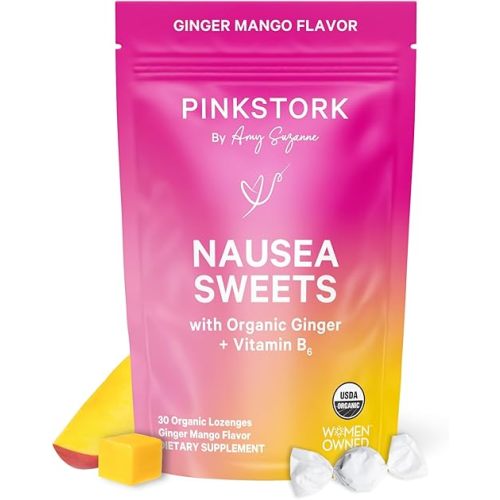 Pink Stork Organic Mango Sweets with Vitamin B6 for Morning Sickness and Motion Sickness, Added Ginger & Vitamin B6, 1st Trimester Pregnancy Must Haves - 30 Wrapped Candies