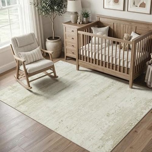 Washable Area Rugs 5'x7', Beige Ivory Abstract Rug, Vintage Distressed Carpet, Ultra Soft Non Slip Low Pile Stain Resistant Indoor Rug for Living Room Bedroom Dining Room Office Home Décor