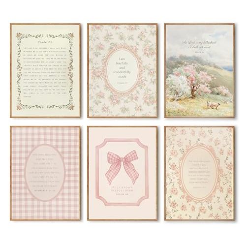 ZARTMYY Christian Nursery Wall Art Bible Verse Wall Decor Prints Jesus Religious Posters Pink Flower Bow Bible Verse Canvas Painting Kids Vintage Christian Boho Prints for Girls Bedroom 6Pcs Unframed