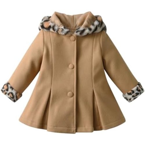 Eghunooy Toddler Baby Girl Fleece Jacket Long-sleeve Button Leopard Hooded Wool Blend Coat Outerwear