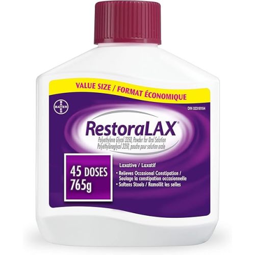 RestoraLAX Powder Stool Softener Laxative - Laxatives For Constipation, Effective Constipation Relief For Adults, No Taste, No Grit, No Gas, No Bloat, No Cramps, No Sudden Urge, 45 Doses, 765 grams