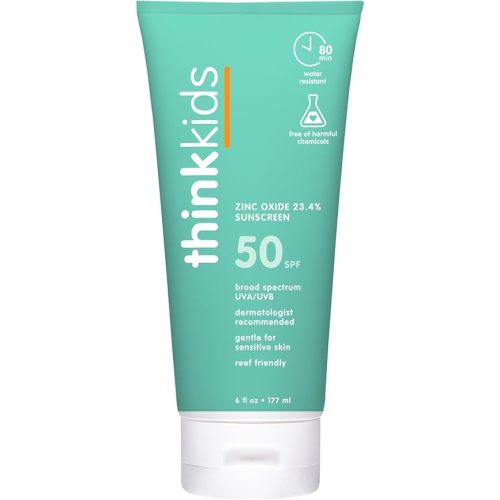 Thinkkids SPF 50+ Mineral Sunscreen, 6 Fl Oz – Safe, Natural Baby Mineral Sunscreen for Children - Water Resistant Sun Cream – Broad Spectrum UVA/UVB Sun Protection – Reef Safe