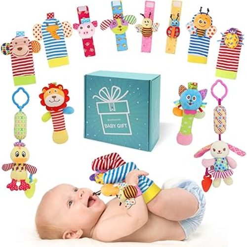 Baby Rattles & Socks - Wrist & Ankle Rattle Toys, Hanging Rattle, Activity Gift for Infants (12 B)
