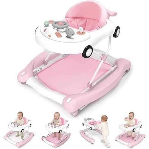 5-in-1 Convertible Baby Walker with Steering Wheel Music Activity Center – Infant Rocker, Jumper, Push Walker, Bouncer & Feeding Foldable Walker for Ages 6-18 Months Boys Girls (Pink)