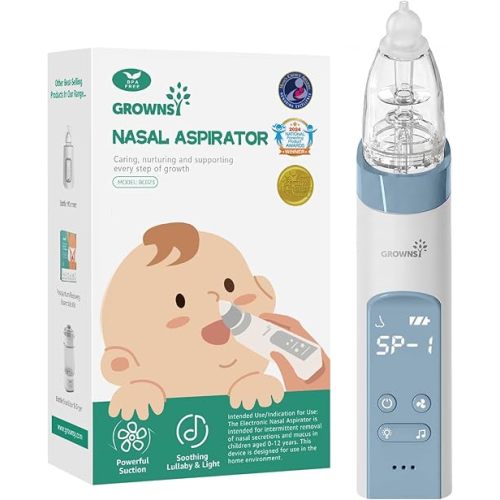GROWNSY Nasal Aspirator for Baby, Electric Nose Aspirator for Toddler, Baby Nose Sucker, Automatic Nose Cleaner with 3 Silicone Tips, Adjustable Suction Level, Music and Light Soothing Function, Blue