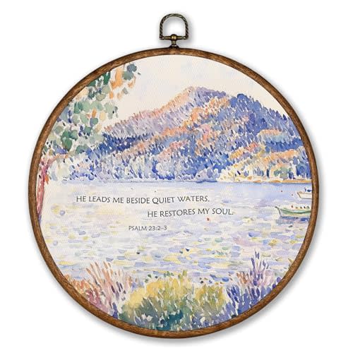 Voxitura Christian Mountain Lake Wall Art Round Framed, Bible Verse Scripture Wall Decor Canvas Hanging Living Girly Room, Watercolor Paintings Prints Artwork Decorations for Bedroom Dorm 10x10in